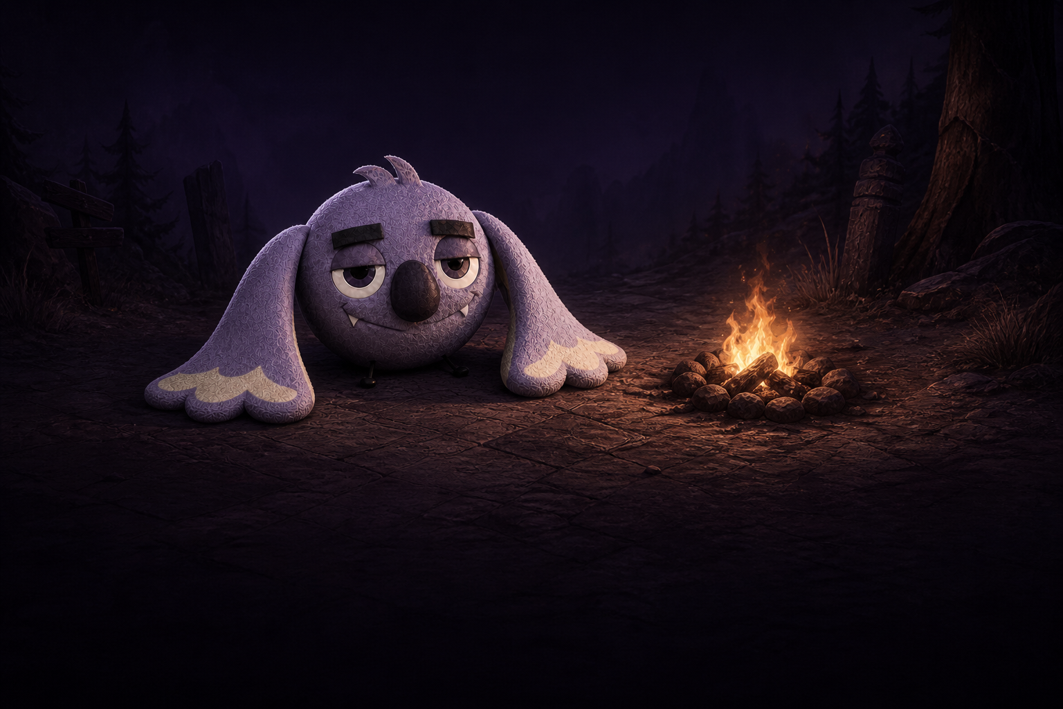 Meh Q relaxing beside a campfire while you choose an identity card