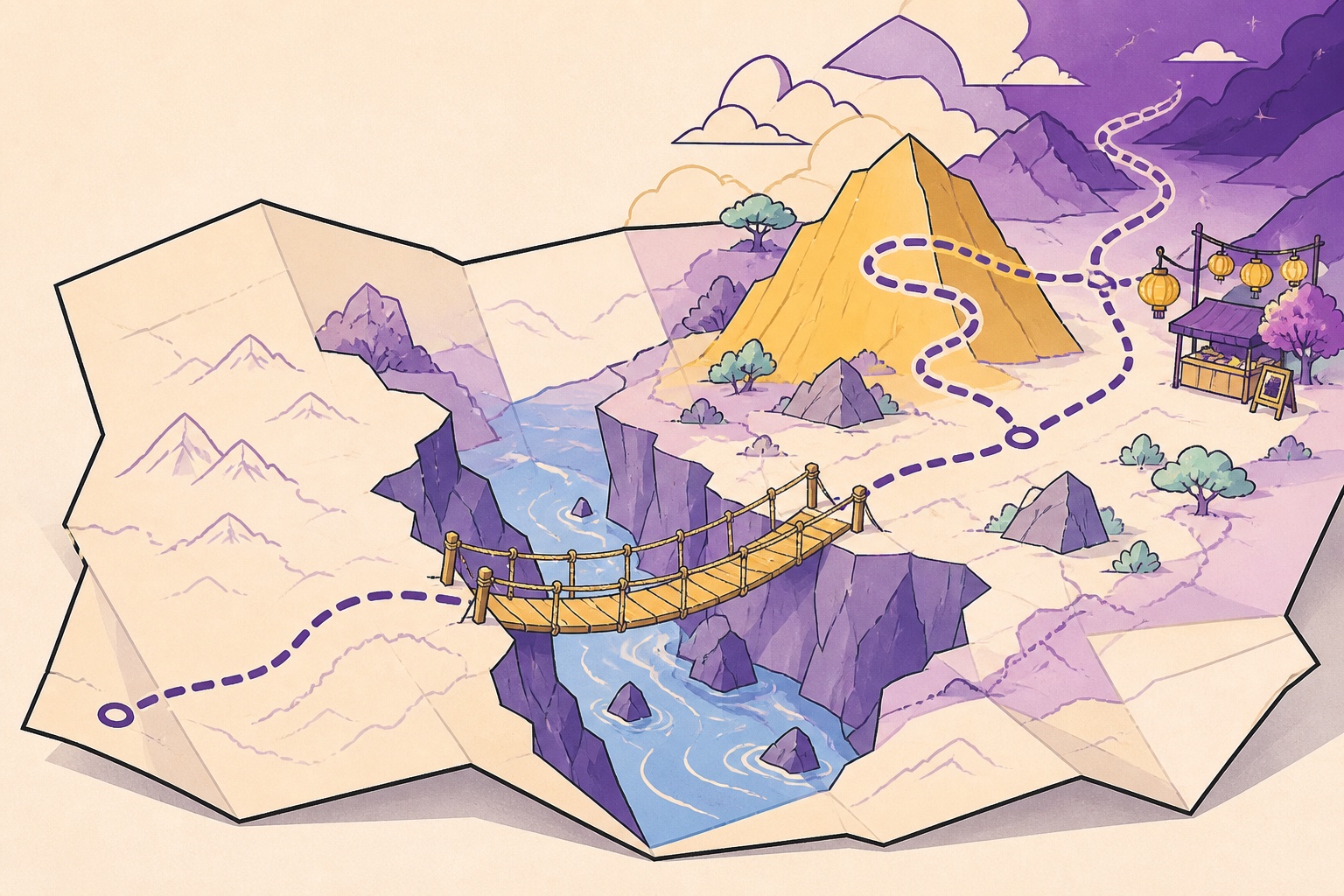 An illustrated folded map leading toward an unknown detour through mountains and a rope bridge
